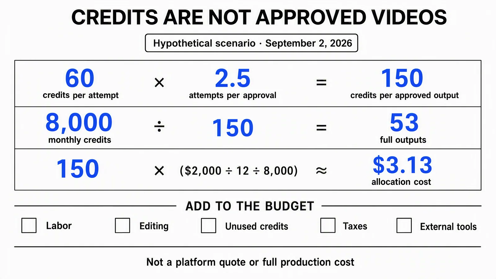 Hypothetical InVideo allocation example: 60 credits per attempt and 2.5 attempts per approval gives 150 credits per approved output, about 53 full outputs and $3.13 allocated cost