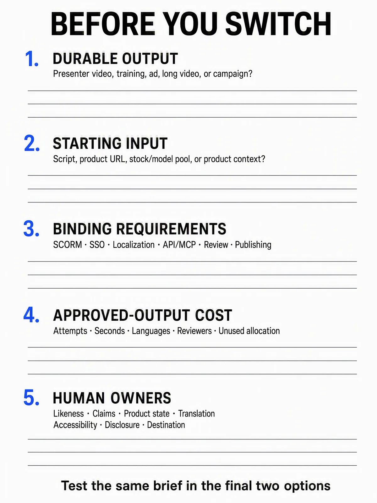 Five-question switch worksheet for output, input, requirements, approved-output cost, and human owners