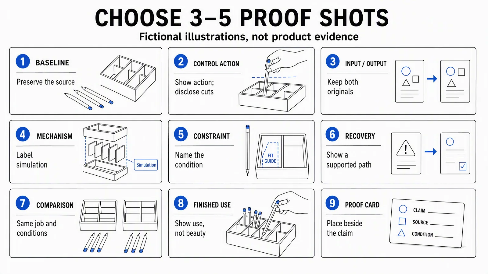 Nine fictional proof-shot illustrations showing baseline, action, input/output, simulation, constraint, recovery, comparison, finished use and a claim-source-condition card.