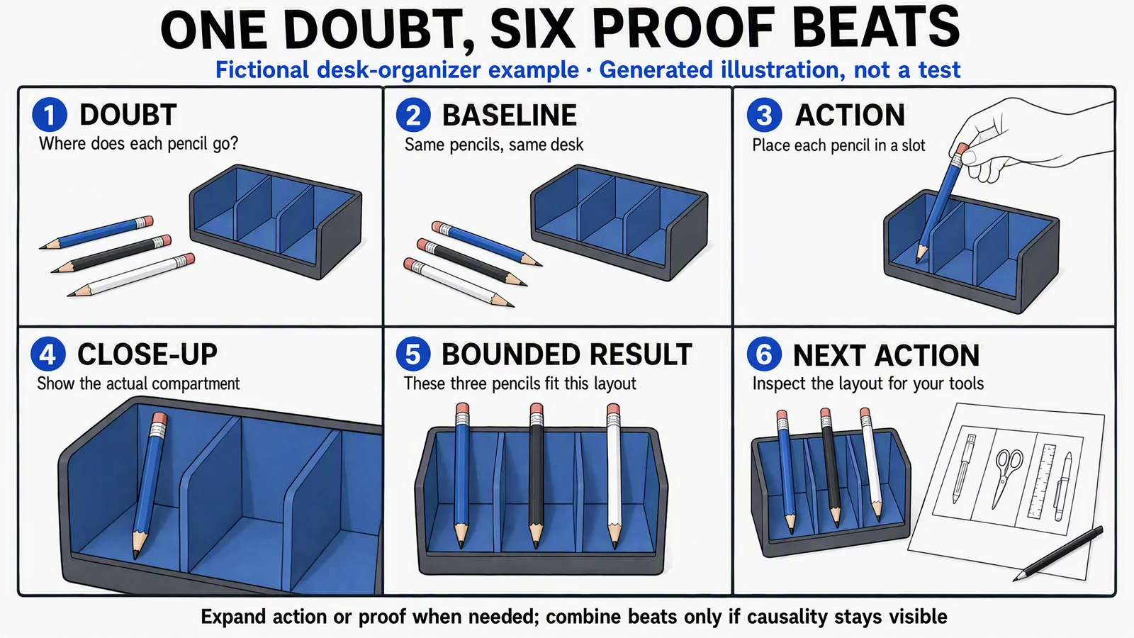 Clearly fictional, generated six-beat desk-organizer storyboard showing doubt, matched baseline, action, close-up, bounded result and a proportionate next action; not evidence of a real test.
